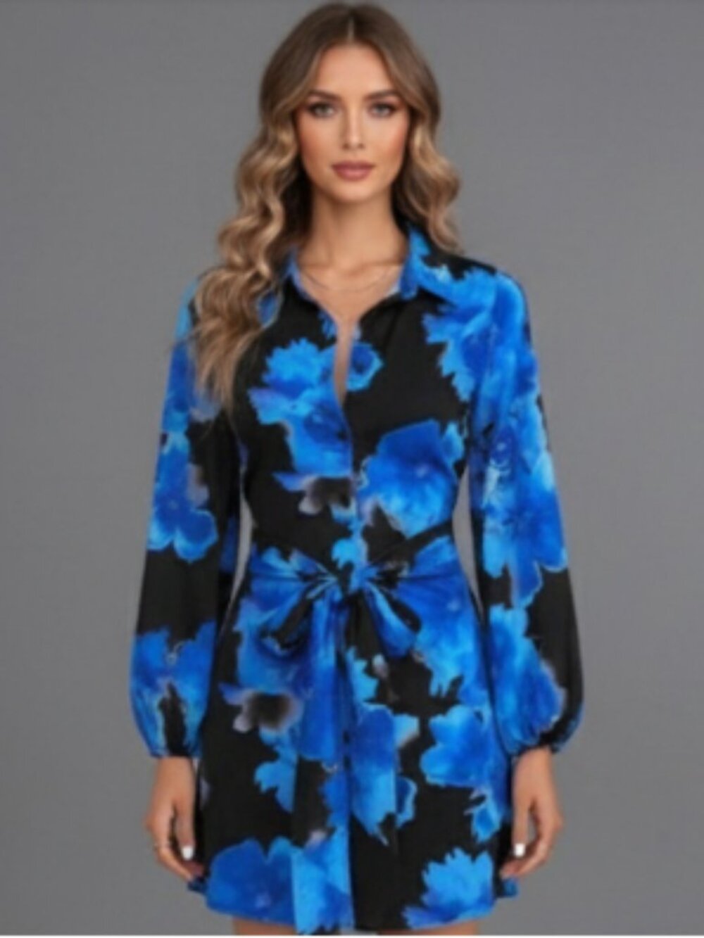 LAST ONE 🔥 Blue Blossom-Patterned Lantern Sleeve Shirt Dress with Front Tie
